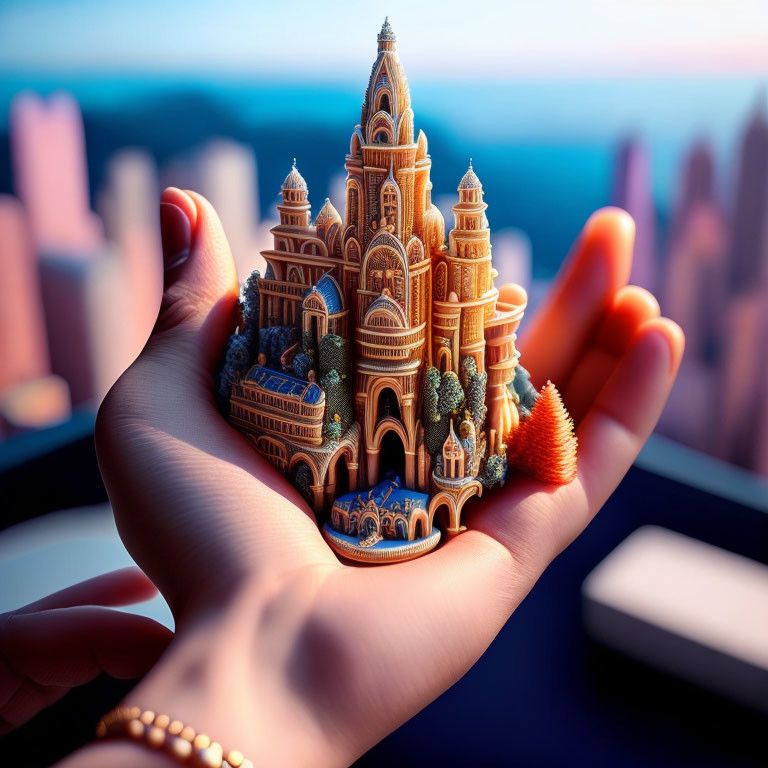 Elaborate miniature castle held in hands against urban sunset skyline