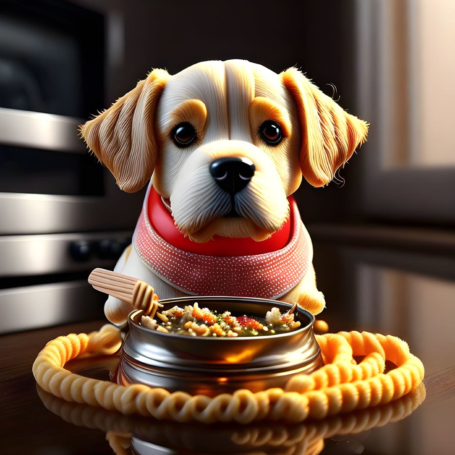 Charming 3D illustration of dog with scarf and food bowl