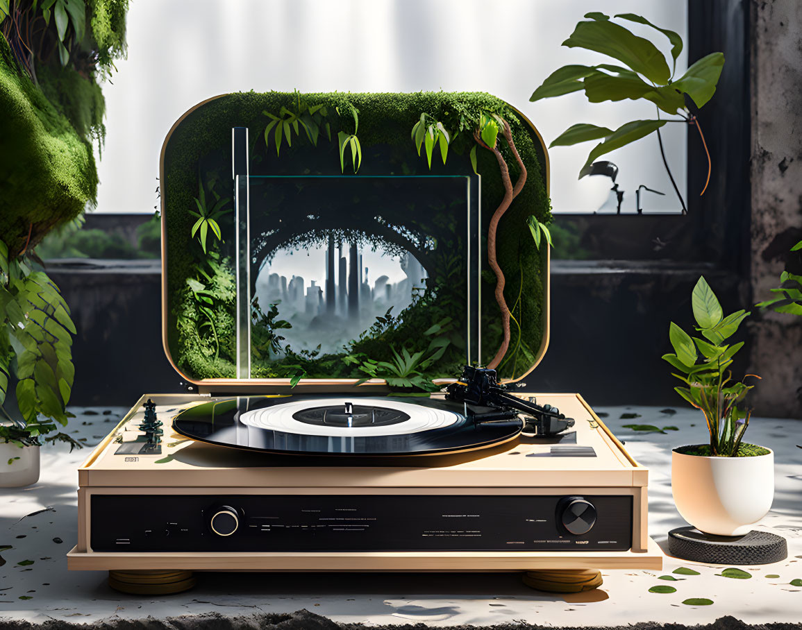 Turntable playing record with cityscape projection on moss-covered headphones in room with green plants