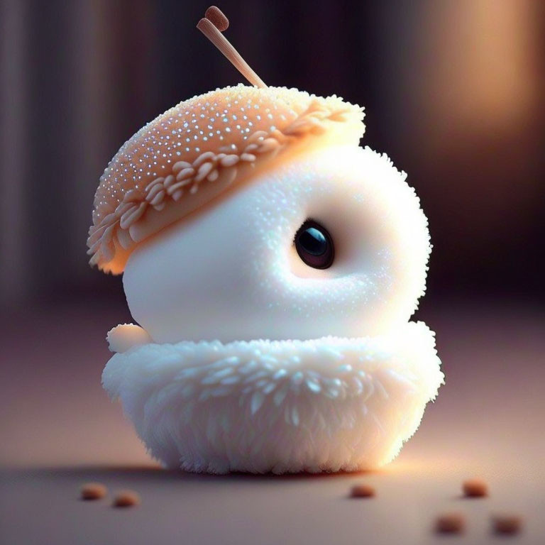 White fluffy animated creature with large eye and apple-like appearance