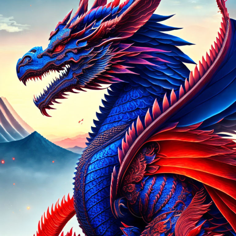 Colorful Dragon Illustration with Mountain Background