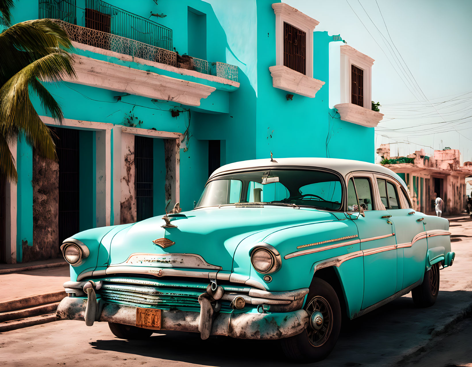 Vintage Turquoise Car Parked in Front of Blue House in Retro Urban Scene