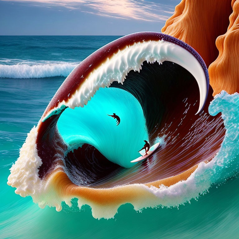 Surreal image: Large wave shaped like nautilus shell with surfer in ocean backdrop