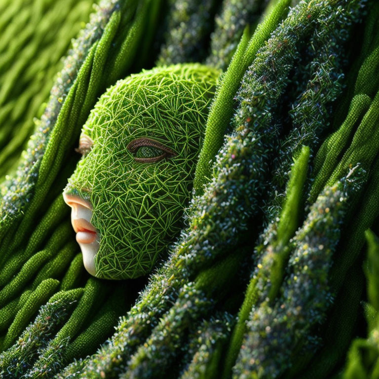 Human face blending with green leafy texture against verdant backdrop