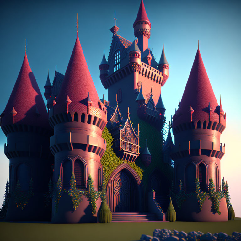 Whimsical fairy-tale castle with pink roofs and spires in twilight