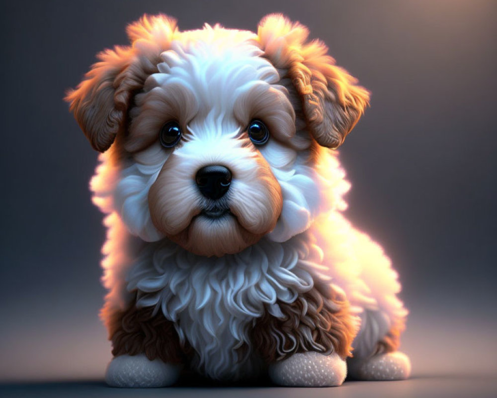 Fluffy brown and white animated puppy under soft light on dark background