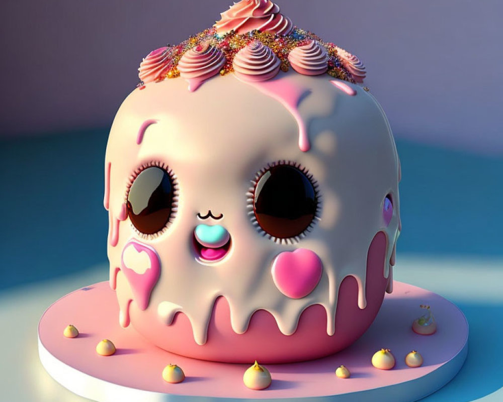 Whimsical 3D-Rendered Cake with Cute Face and Pink Icing