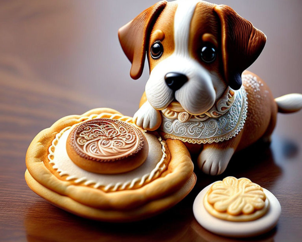 Brown and White Puppy Figurine with Decorative Collar Next to Ornate Cookies