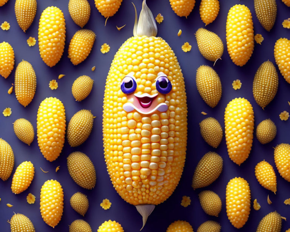 Cheerful cartoon corn ear with purple eyes on purple background