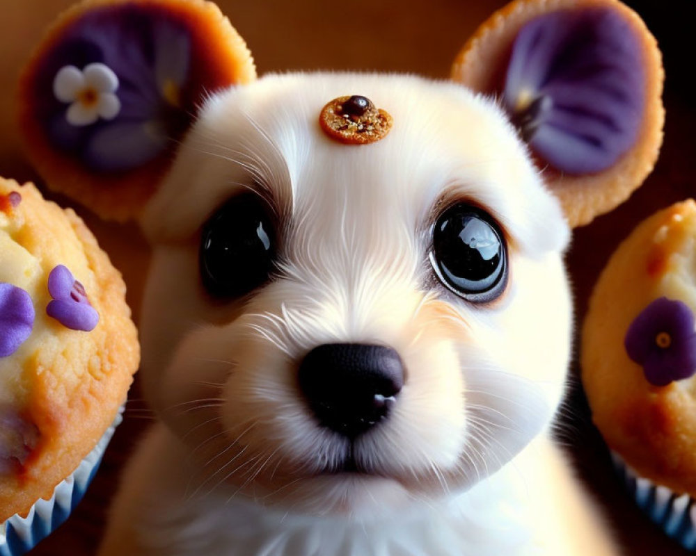 Illustrated puppy close-up with cupcakes and purple flowers.