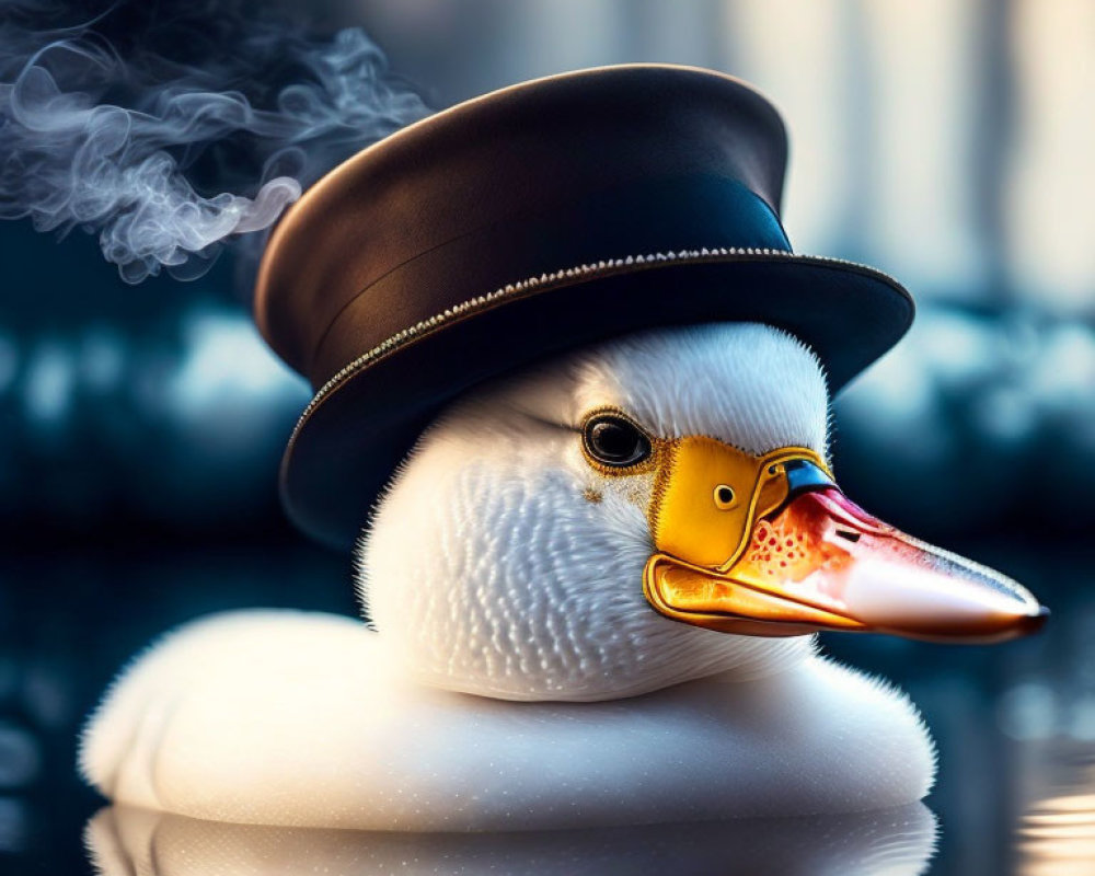 Whimsical white duck with bowler hat and smoke in digital art