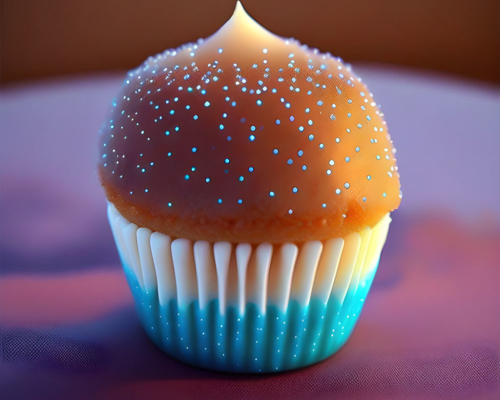 Gradient cupcake with starry icing: blue to orange with cream dollop