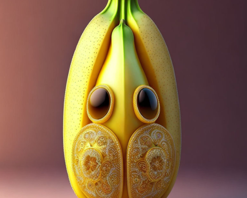 Digitally altered image of tribal mask banana with intricate patterns