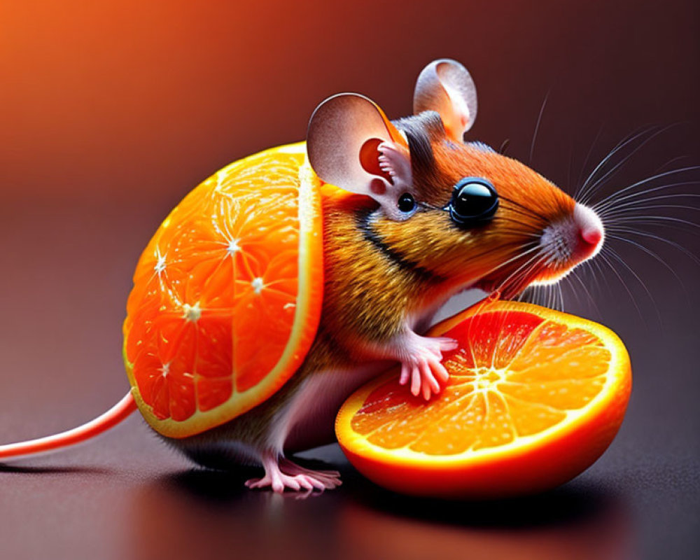 Digital artwork: Mouse with orange fruit body on gradient background