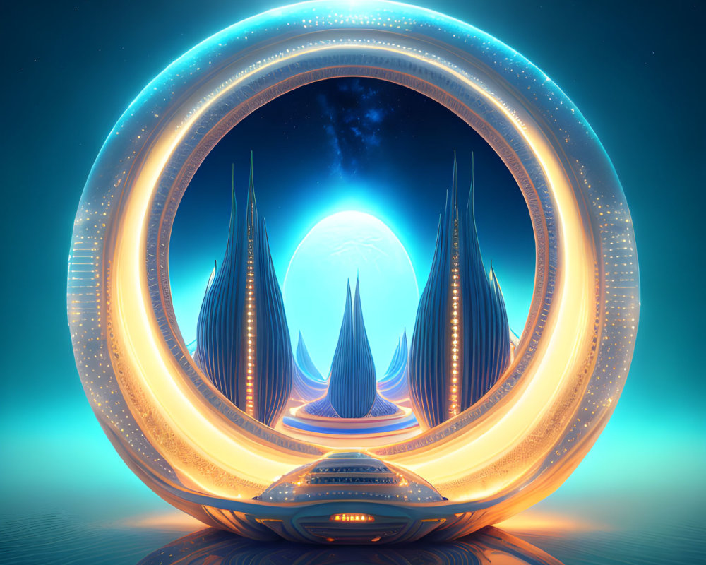 Cityscape with Luminous Structures in Ring Portal Reflecting on Smooth Surface