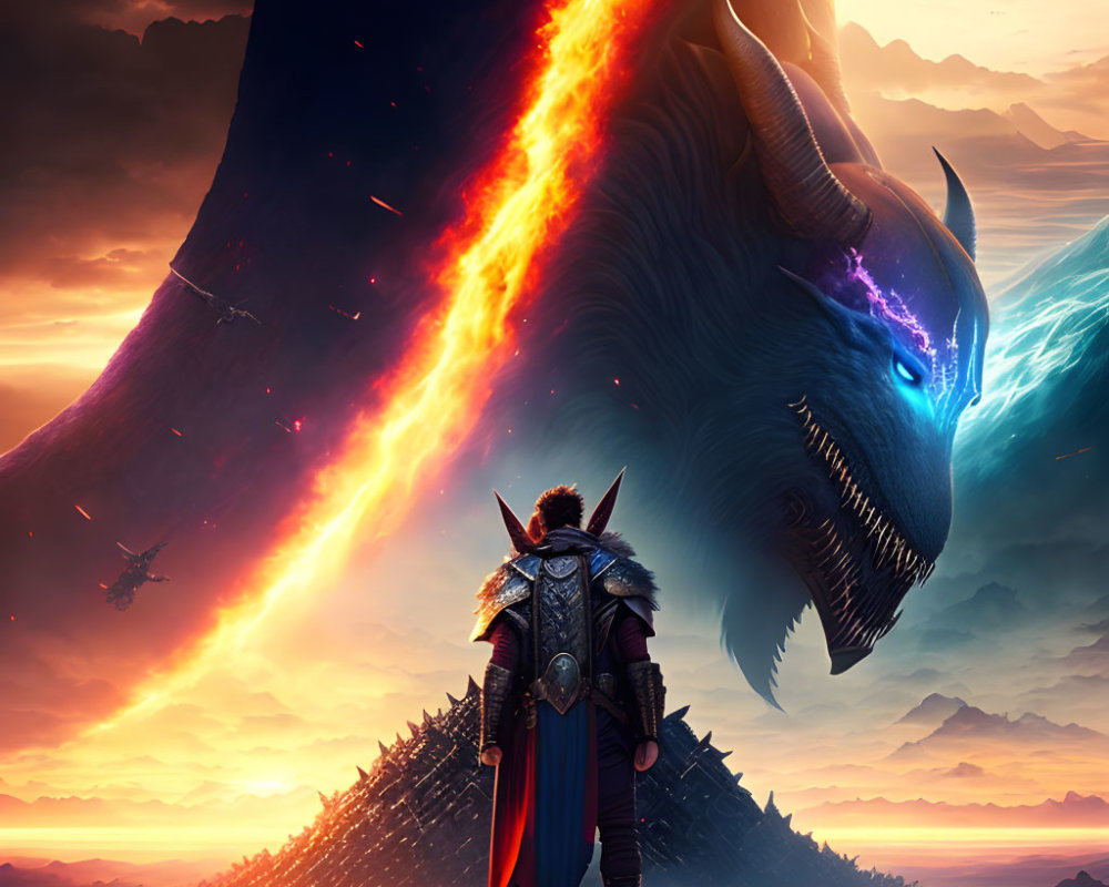 Armored warrior confronts colossal dragon in fiery sky with magical glow