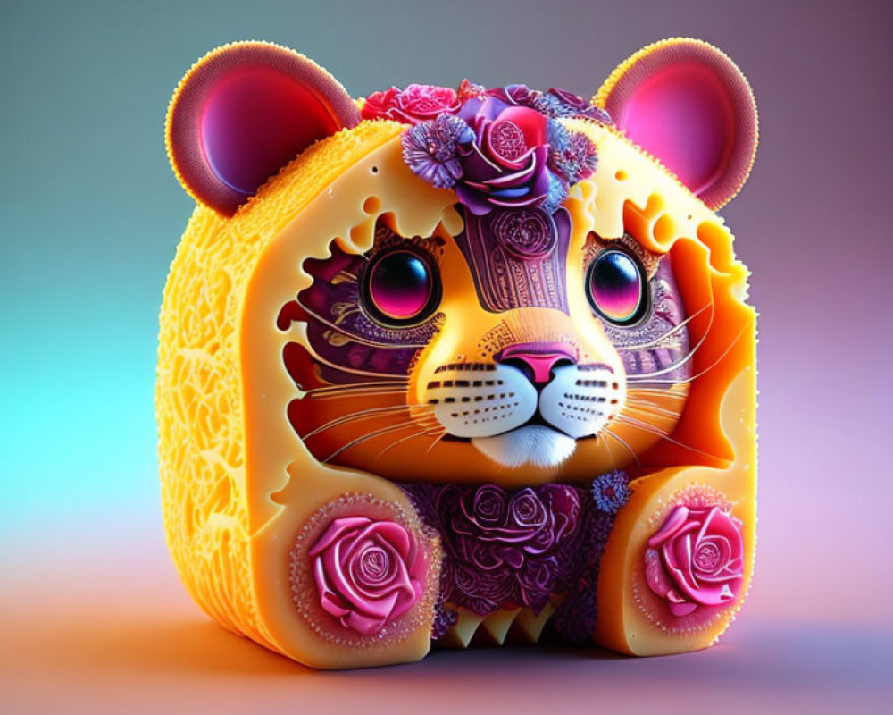 Vibrant digital artwork: stylized cub with intricate patterns and floral motifs