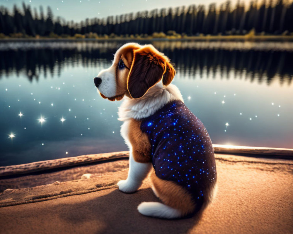 Starry Night Patterned Dog Sitting by Lake at Twilight