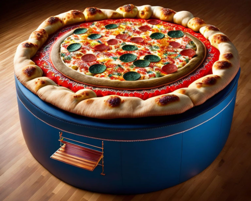 Pizza-themed ottoman on wooden floor