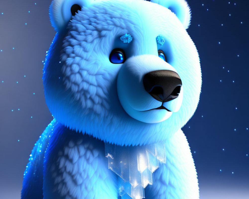 Stylized blue polar bear 3D illustration with crystal necklace under starry sky