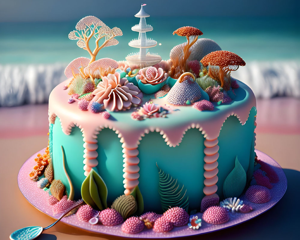 Ocean-themed cake with coral, seashells, and fondant pagoda on beach backdrop