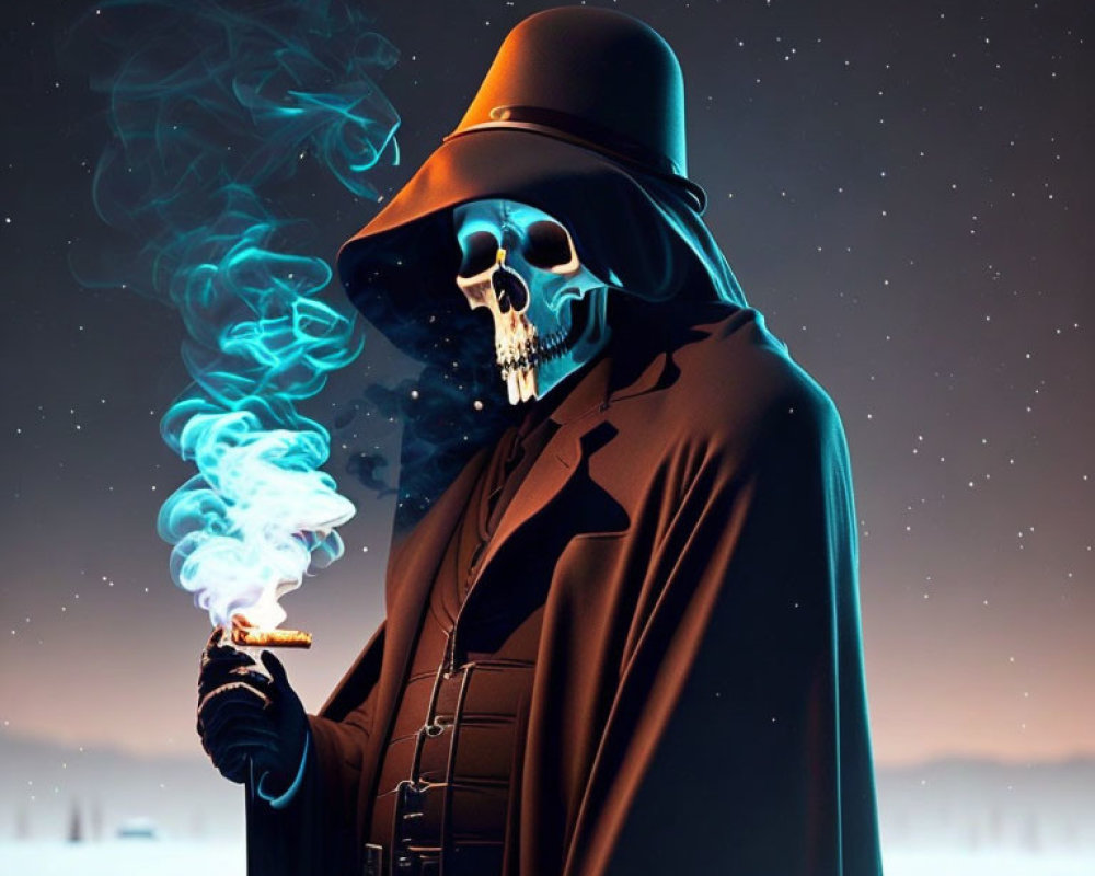 Skull-faced figure in hat and coat holding smoking object under starry sky