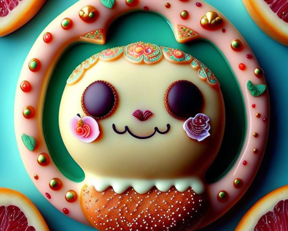 Colorful Donut-Shaped Character with Floral Patterns and Citrus Fruit Slices