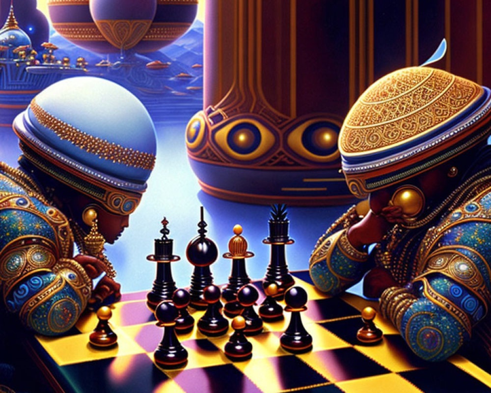 Ornate Robotic Chess Players in Surreal Landscape