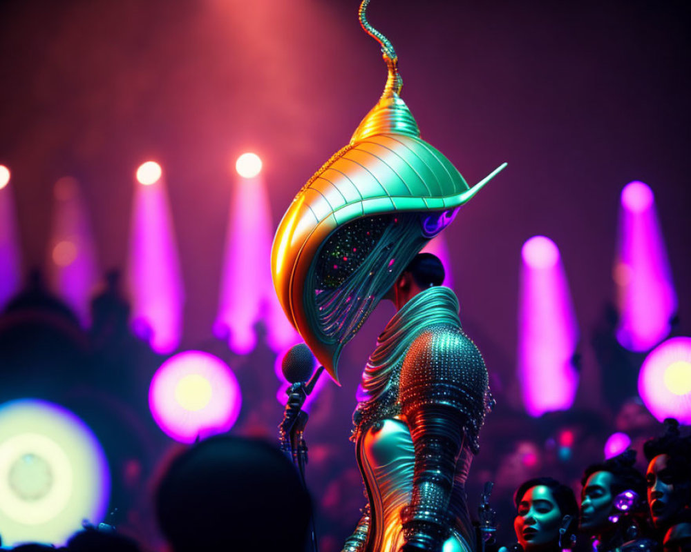 Futuristic figure in metallic costume under purple stage lights