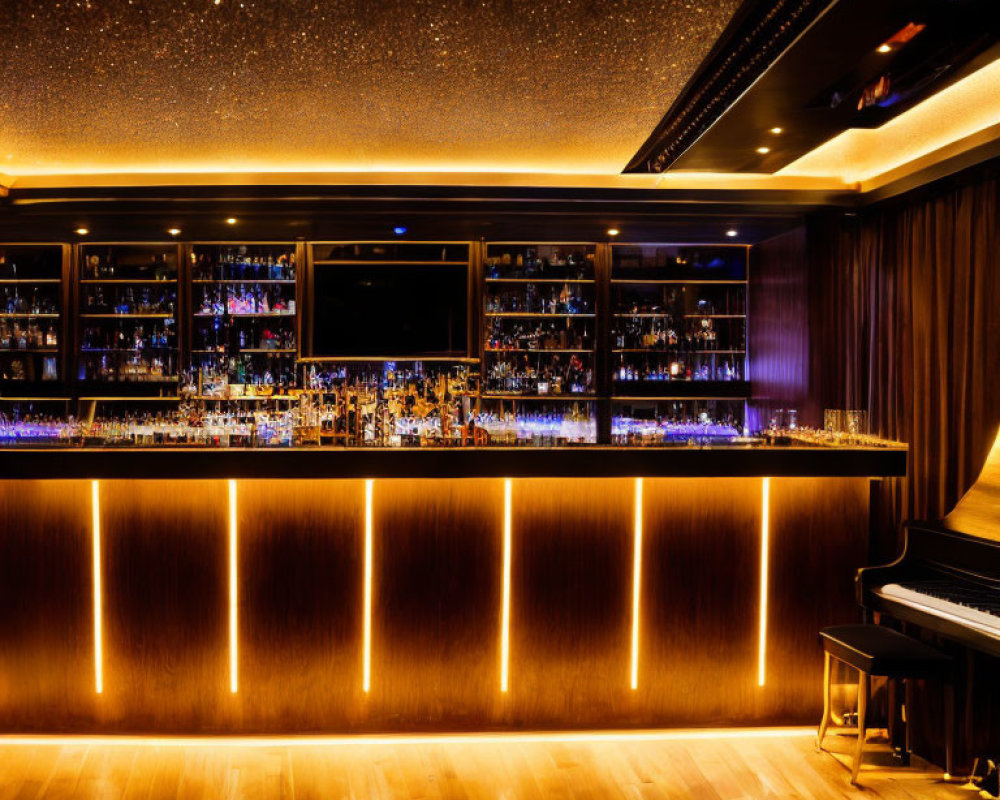 Sophisticated bar with ambient lighting, stocked shelves, glowing countertops, starry ceiling, and grand