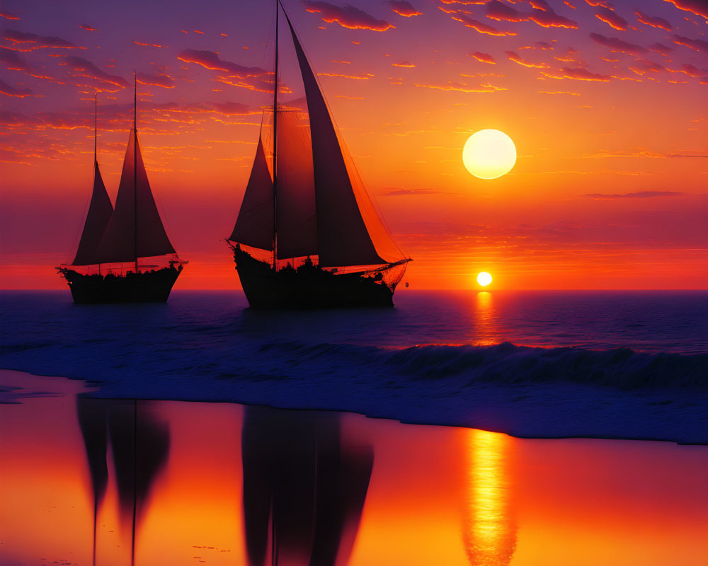 Sailboats on serene sea at vibrant sunset with reflections