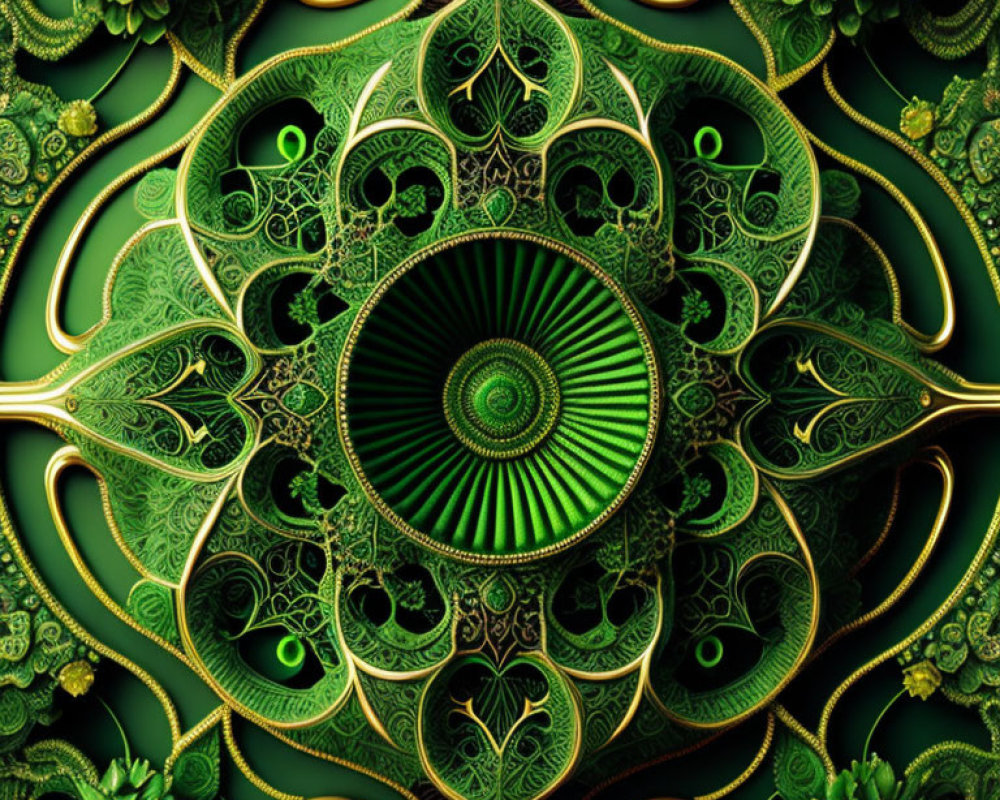 Detailed Green Fractal Image with Intricate Spirals and Leaf-like Designs