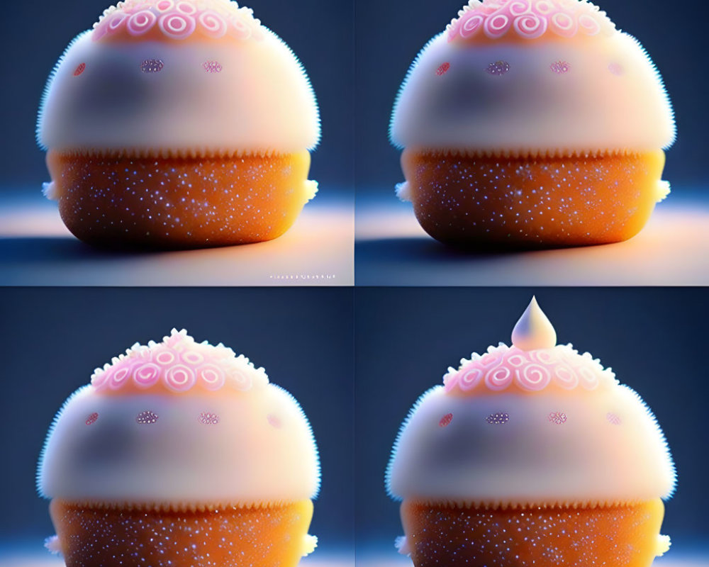 Four whimsical cupcake-like dessert images on blue gradient background