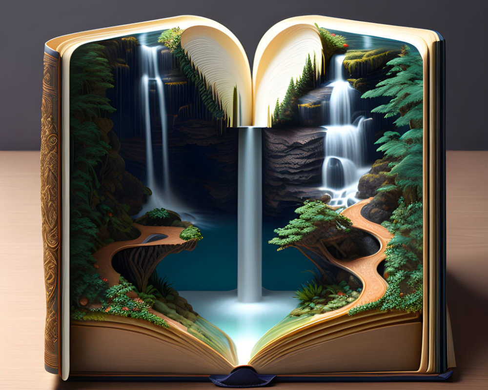 Open book on table: 3D lush forest landscape with waterfalls