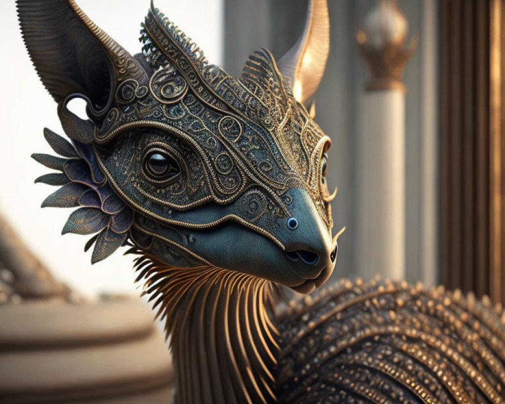 Detailed Metallic Dragon Sculpture Against Architectural Background