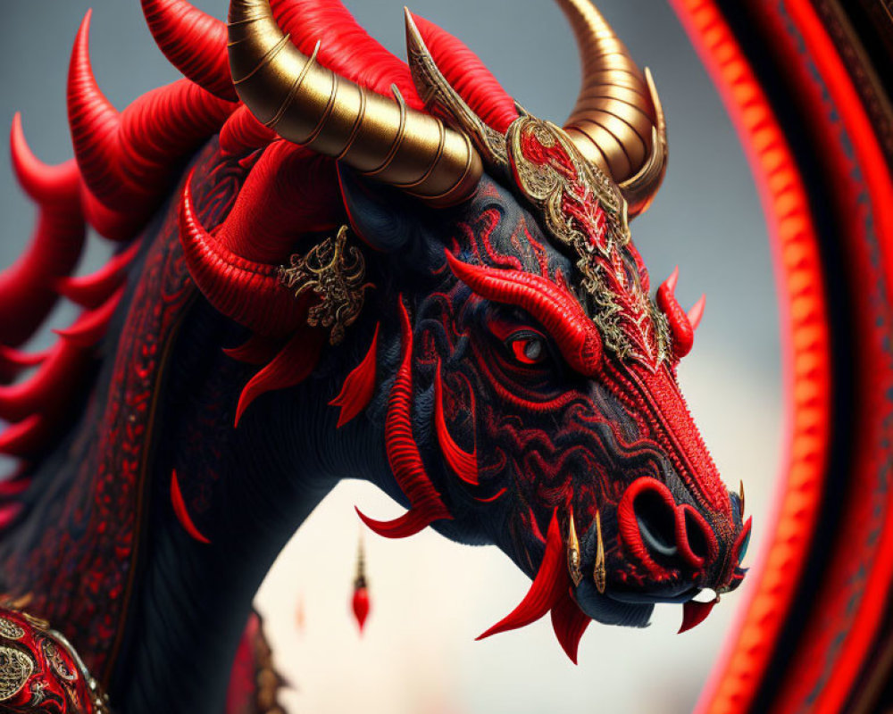 Detailed Stylized Dragon Illustration with Red and Gold Accents