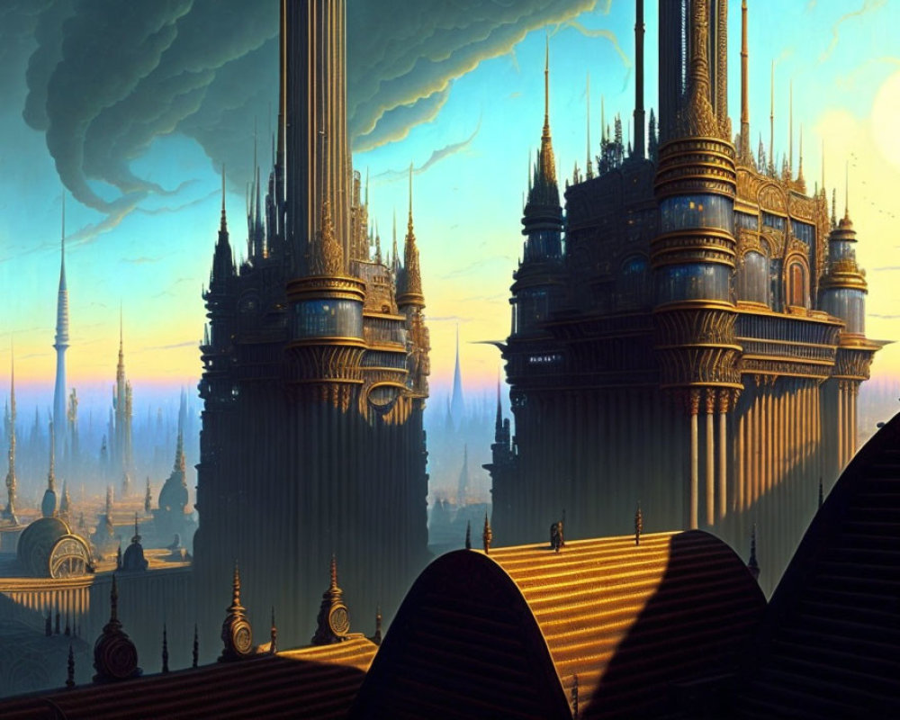 Fantastical cityscape with golden spires and Gothic architecture