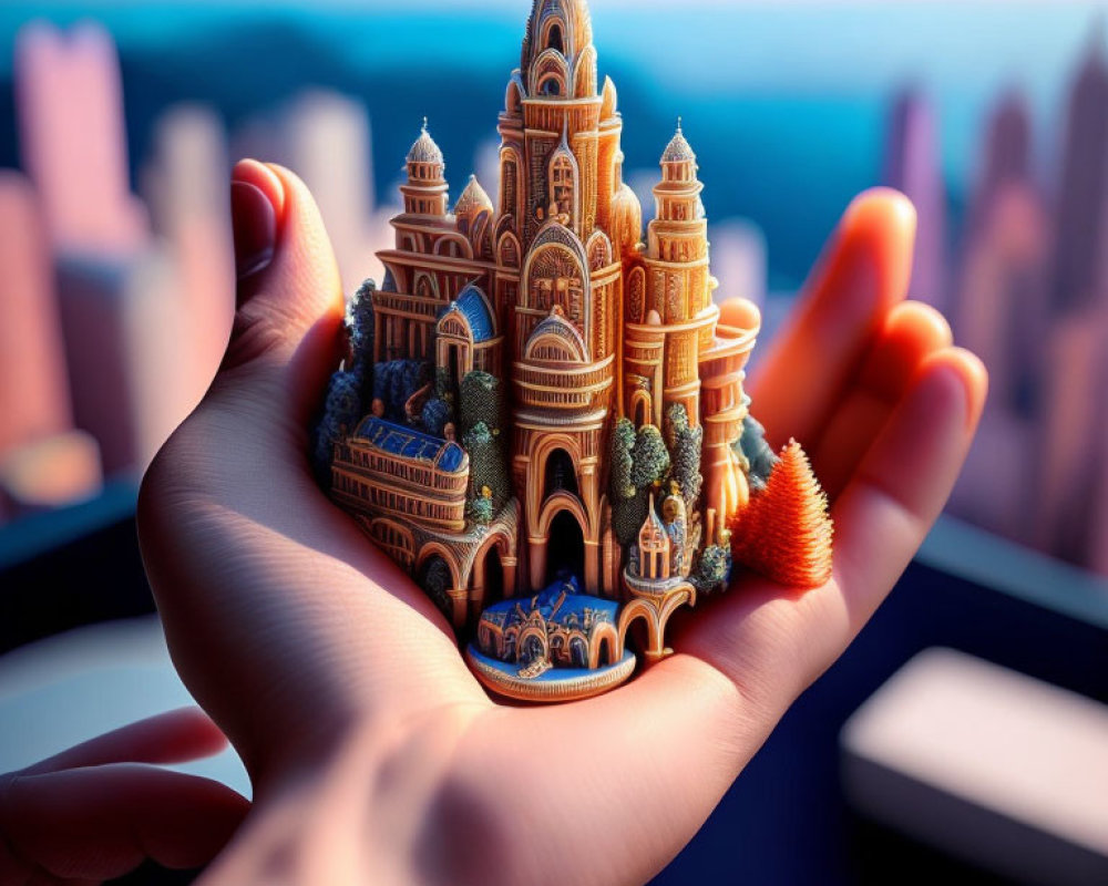 Elaborate miniature castle held in hands against urban sunset skyline