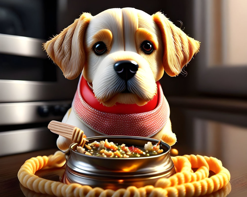 Charming 3D illustration of dog with scarf and food bowl