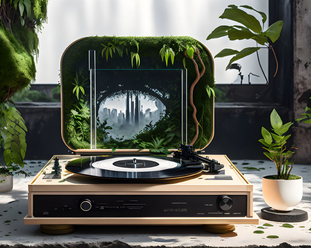 Turntable playing record with cityscape projection on moss-covered headphones in room with green plants