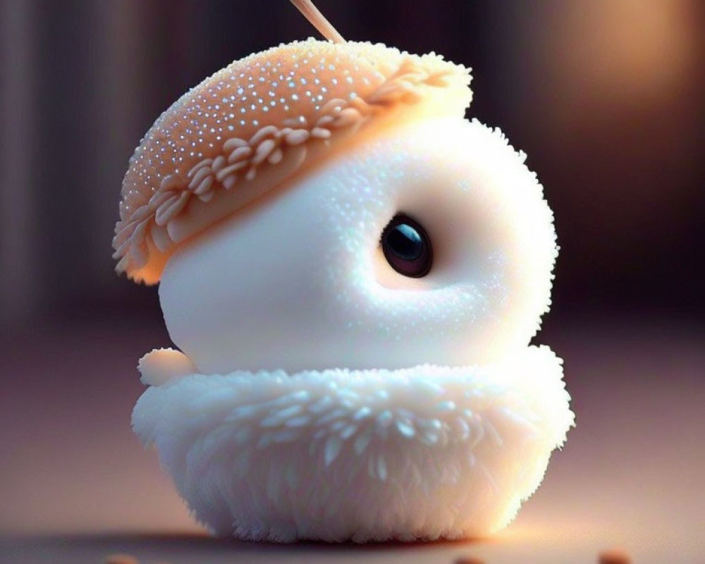 White fluffy animated creature with large eye and apple-like appearance