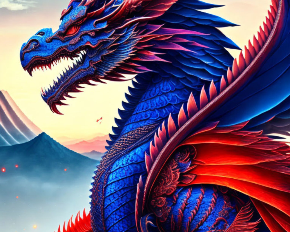 Colorful Dragon Illustration with Mountain Background