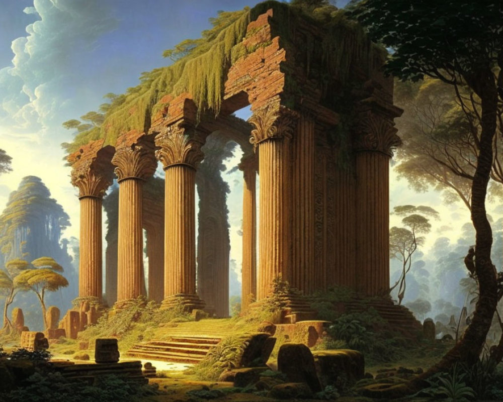 Fantasy Scene: Ancient Columns in Lush Forest