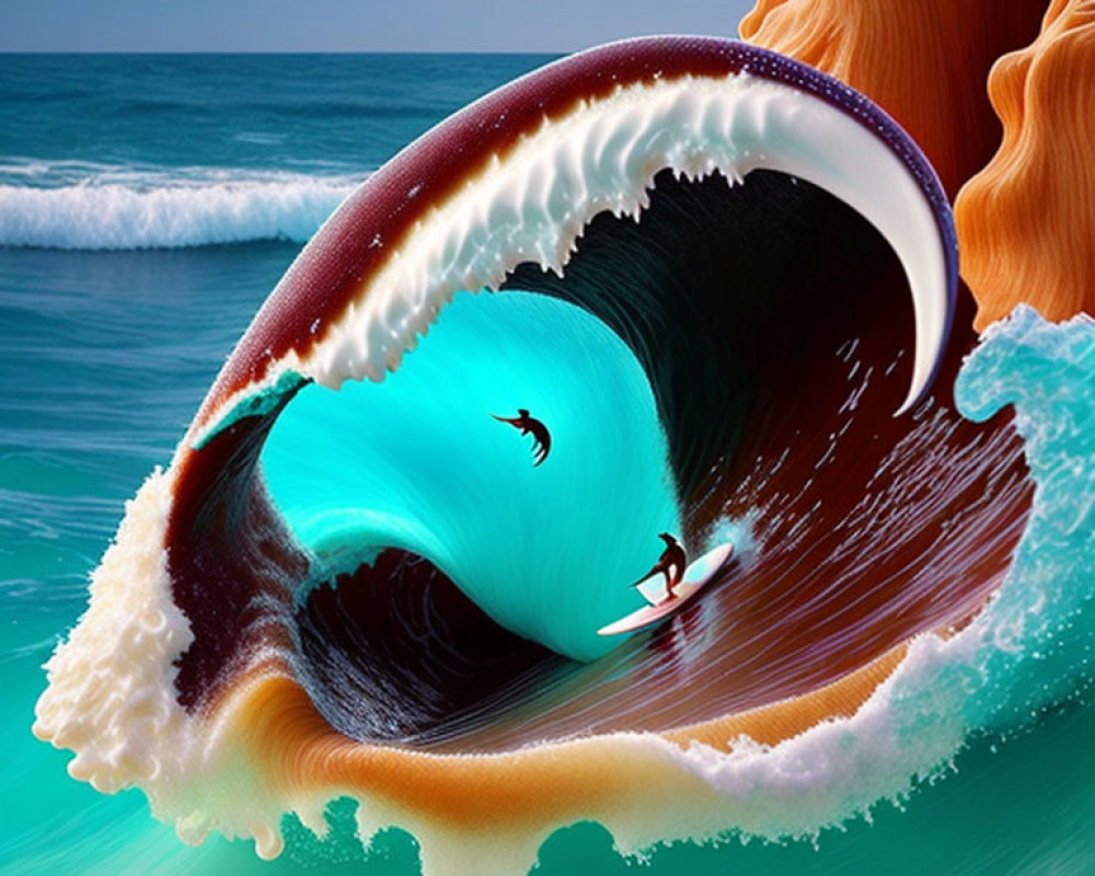 Surreal image: Large wave shaped like nautilus shell with surfer in ocean backdrop