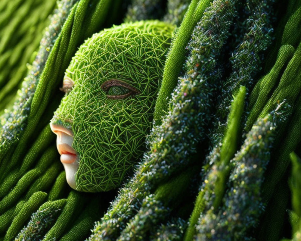 Human face blending with green leafy texture against verdant backdrop