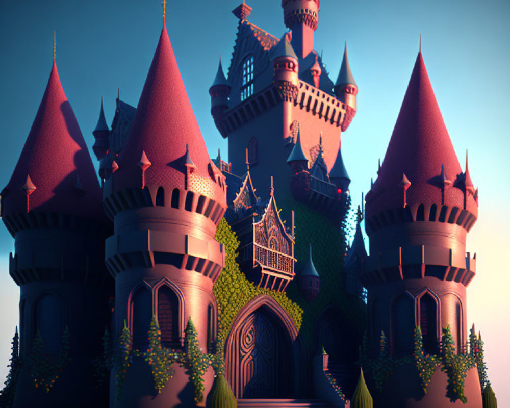 Whimsical fairy-tale castle with pink roofs and spires in twilight