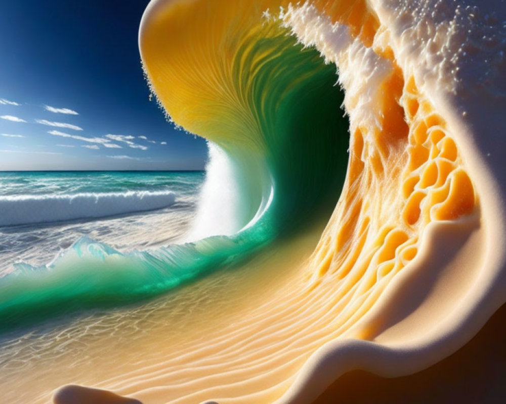 Colorful digital art of swirling wave against coastal sky