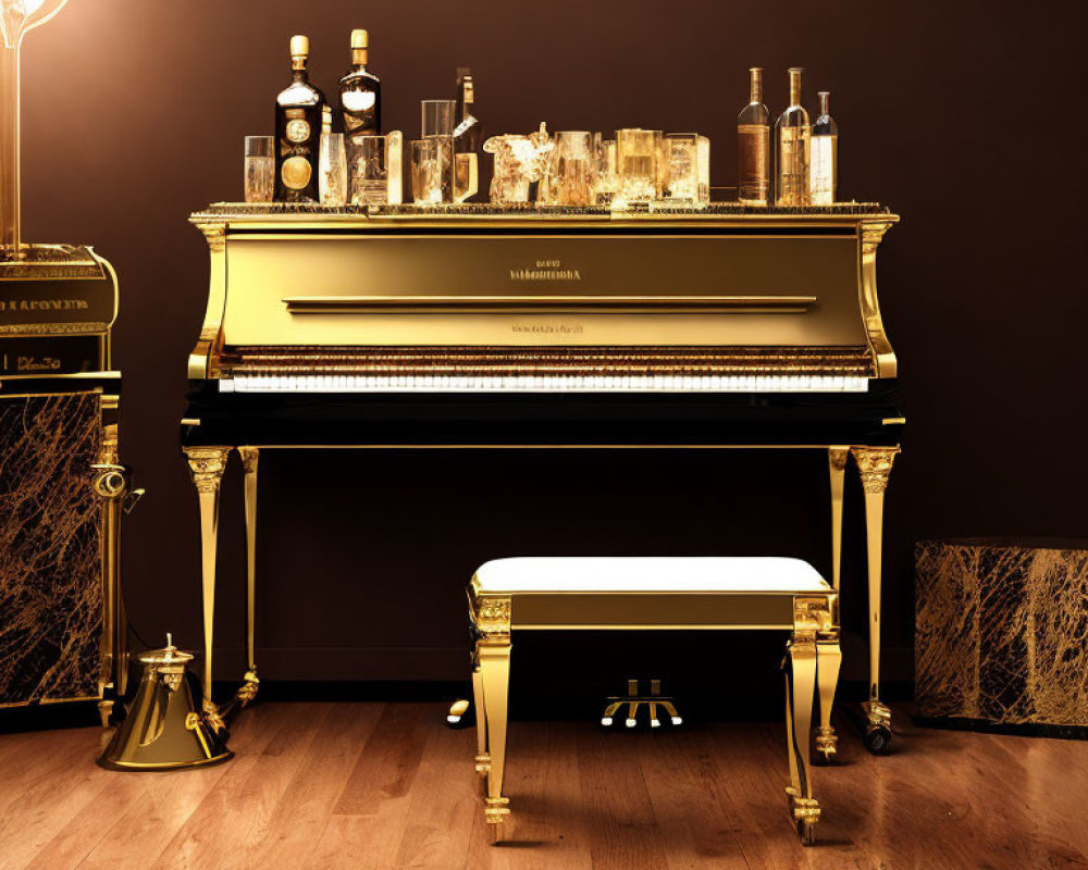 Black and Gold Piano with Matching Stool and Stylish Bar Setup