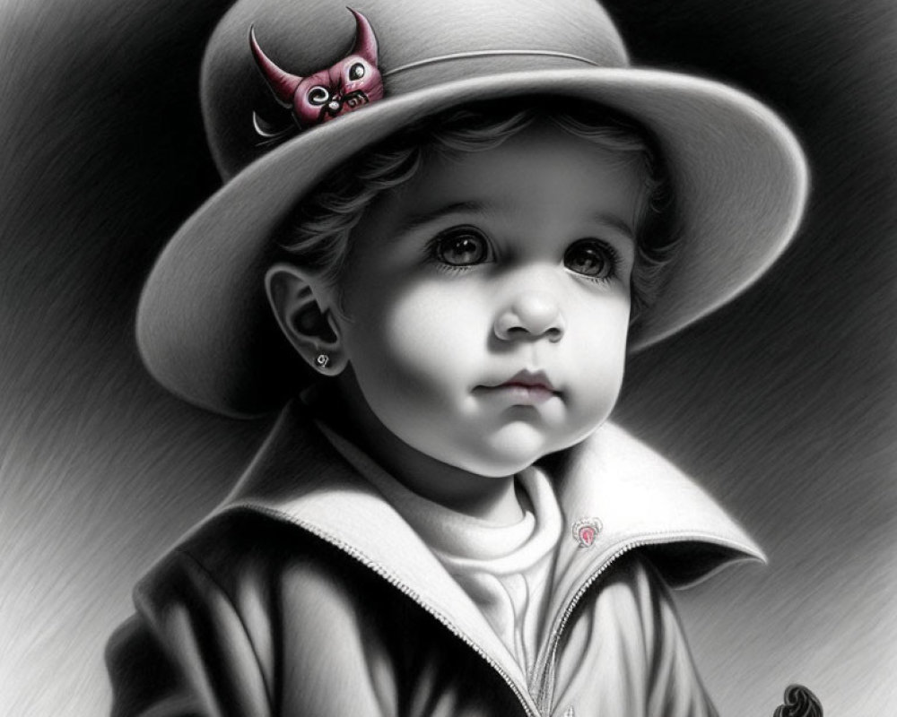 Black and white portrait of a child in hat with red devil figure, looking thoughtful