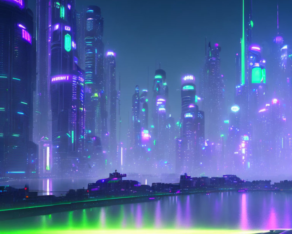 Futuristic night cityscape with neon lights and skyscrapers